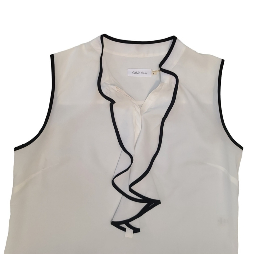 Calvin Klein Sleeveless Ruffle Front Blouse Size M White Black - Picture 4 of 9